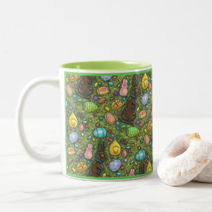 TASSE 2 COULEURS CHOCOLAT PÂQUES BUNNY, POULET, OEUFS, JELLY BEANS
