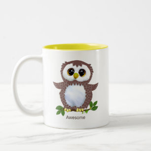 Tasse 2 Couleurs Chouette Brown, Laurel Feuilles et calligraphie