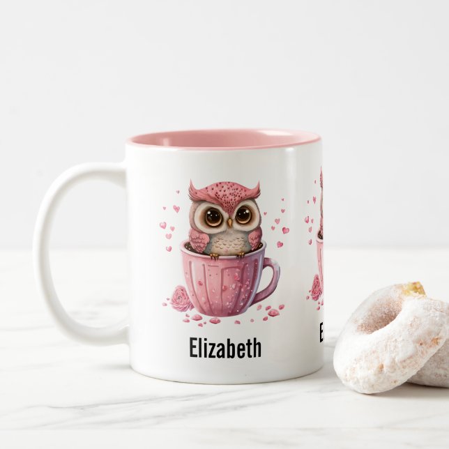 Tasse 2 Couleurs Chouette rose mignonne en coupe (Avec donut)