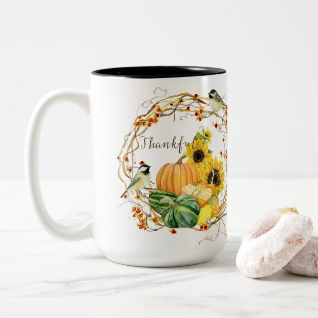 Tasse 2 Couleurs Chute Gratuit Tournesol Floral Citrouille Aquarell (Avec donut)