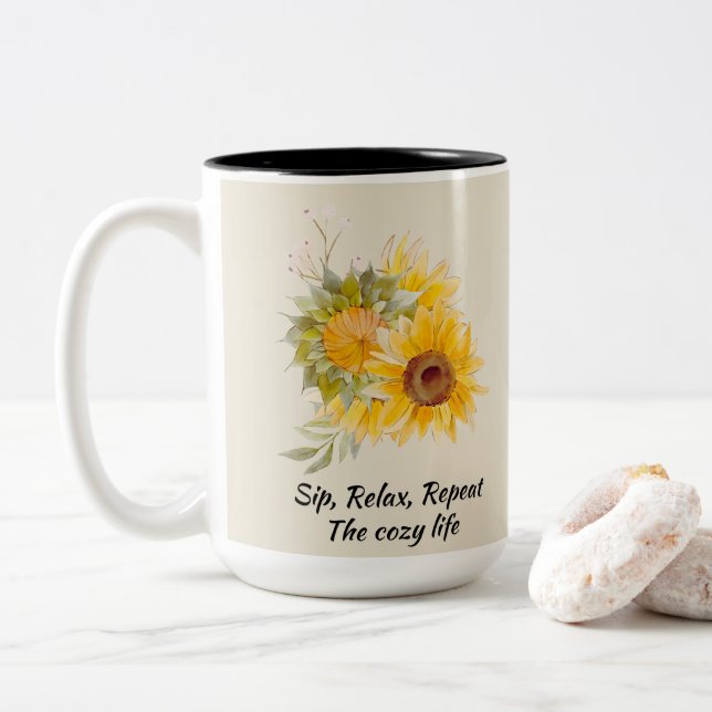 Tasse 2 Couleurs Citation Relaxante Avec Tournesols (Avec donut)