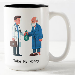 Tasse 2 Couleurs Citoyen âgé remboursant une dette médicale