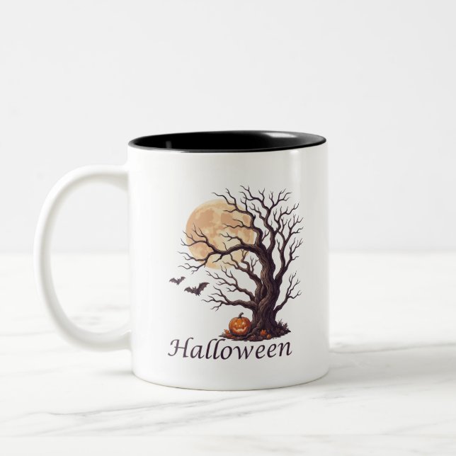 Tasse 2 Couleurs Citrouille de l'arbre noueux d'Halloween effrayant (Gauche)