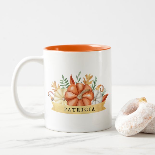 Tasse 2 Couleurs Citrouilles d'aquarelle personnalisés | Automne (Avec donut)