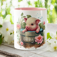Cochon mignon dans un seau Fleurs roses Personnali