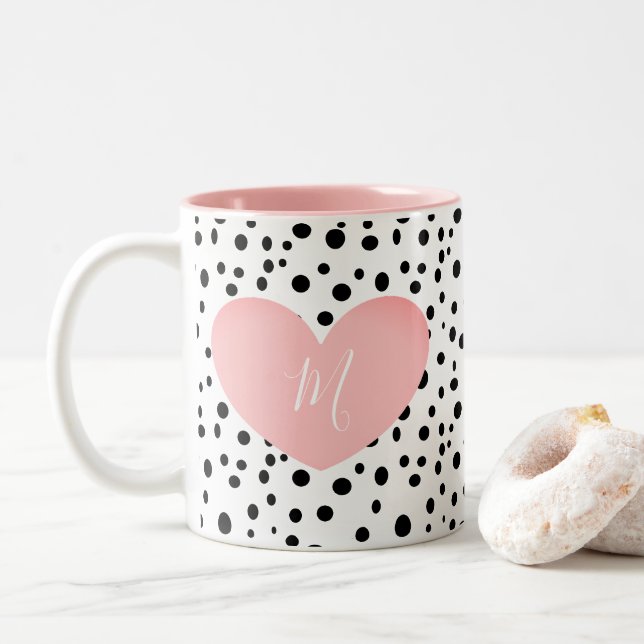 Tasse 2 Couleurs Coeur et points rose monogramme (Avec donut)