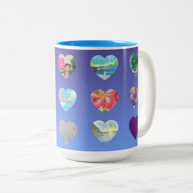 Tasse 2 Couleurs Coeurs d'aquarelle bleu (Devant droit)