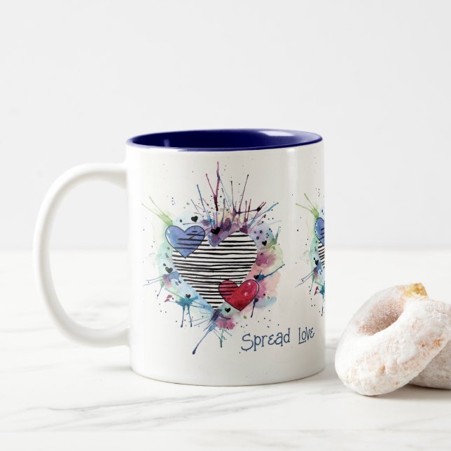 Tasse 2 Couleurs Coeurs Et Lavages Dans L'Aquarelle (Avec donut)