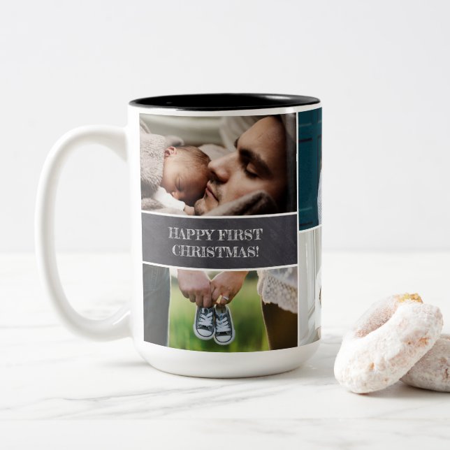Tasse 2 Couleurs Collage de photos personnalisé Papa Joyeux Noël (Avec donut)
