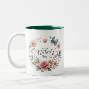 Tasse 2 Couleurs Couronne de fleurs avec un papillon, Joyeuse fête