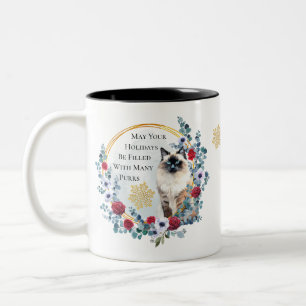 Tasse 2 Couleurs Couronne de Noël avec belle chatte vacances d'hive