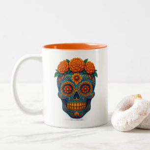 Tasse 2 Couleurs Crâne de sucre coloré jour des morts Marigold