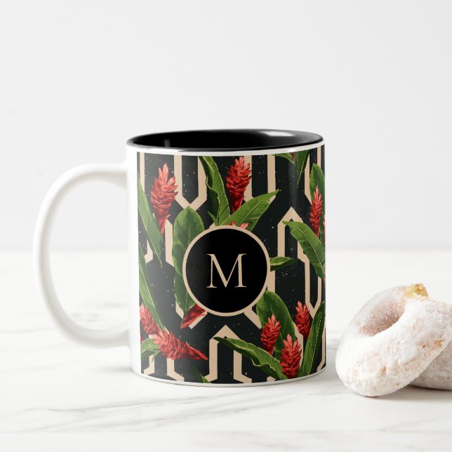 Tasse 2 Couleurs Créez votre propre monogramme de Motif Tropical (Avec donut)