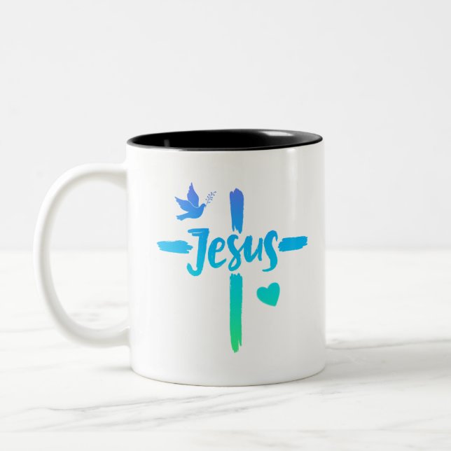 Tasse 2 Couleurs Croix de Jésus bleu et vert (Gauche)
