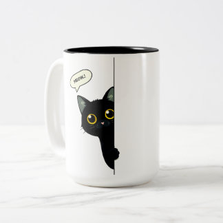 Tasse 2 Couleurs Cute Black Cat Peeking Around the Corner | Funny