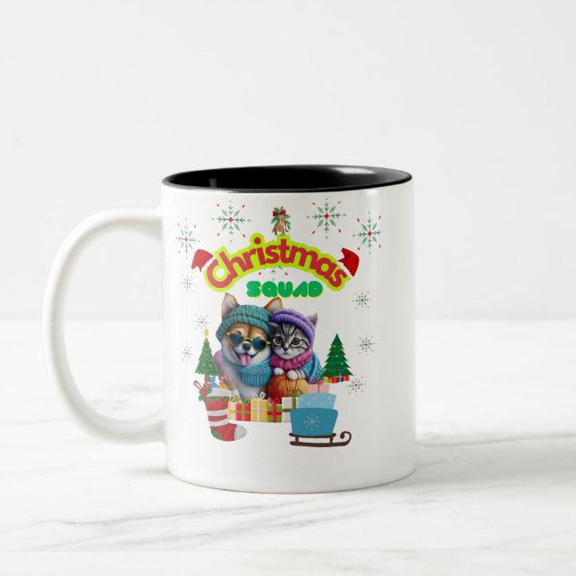 Tasse 2 Couleurs Cute dog and cat Christmas squad design  (Gauche)