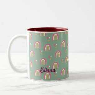 Tasse 2 Couleurs Cute Green Boho Rainbow Heart Nom personnalisé
