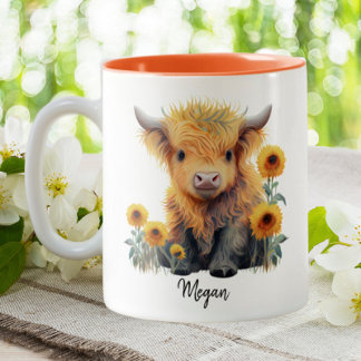 Tasse 2 Couleurs Cute Highland Cow Calf Sunflowers Personnalisé