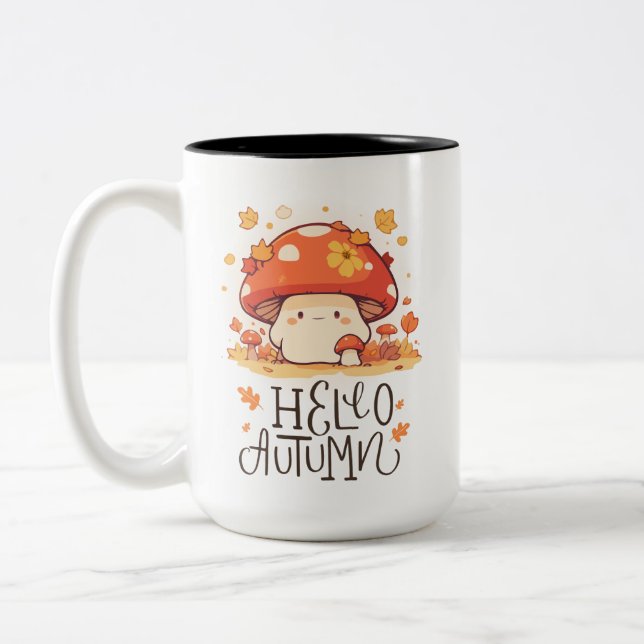 Tasse 2 Couleurs Cute kawaii Champignon Bonjour Automne (Gauche)