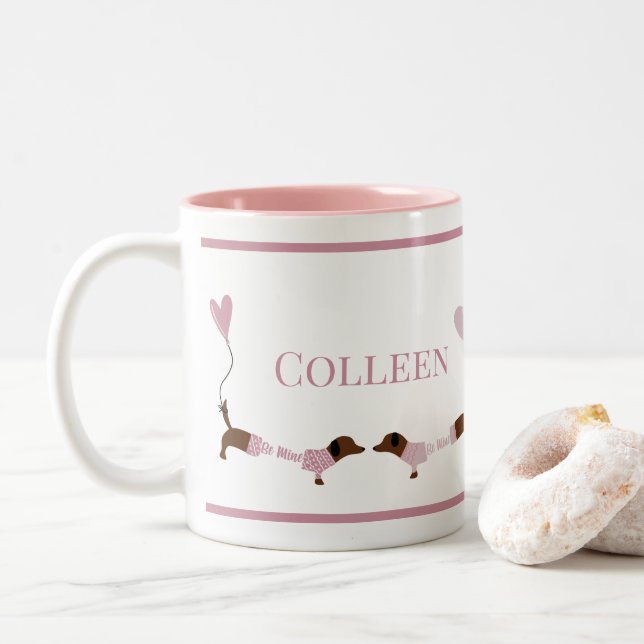 Tasse 2 Couleurs Cute Kissing Dachshund Wiener Chien Rose Valentine (Avec donut)
