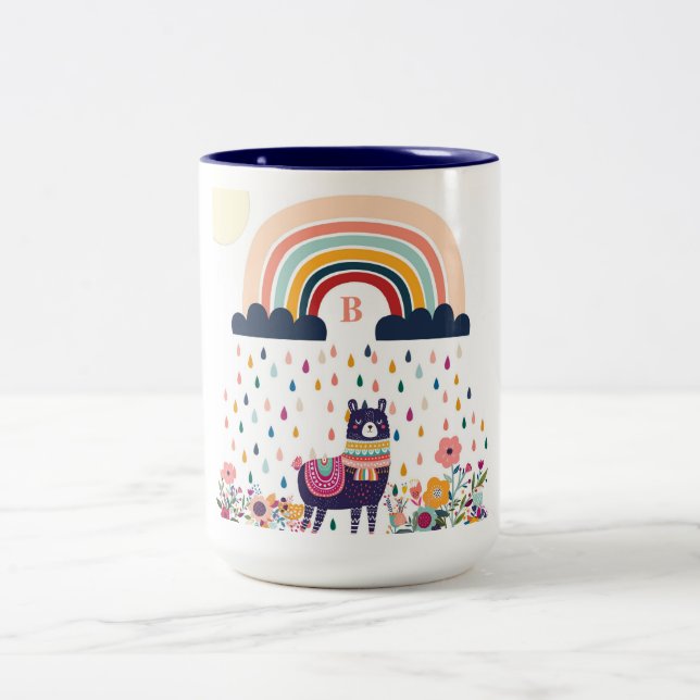 Tasse 2 Couleurs Cute Llama Arc-en-ciel Monogramme initial (Centre)