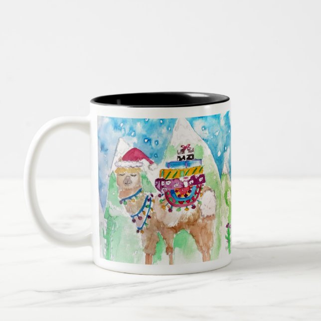 Tasse 2 Couleurs Cute Llama Joyeux Noël Aquarelle art (Gauche)