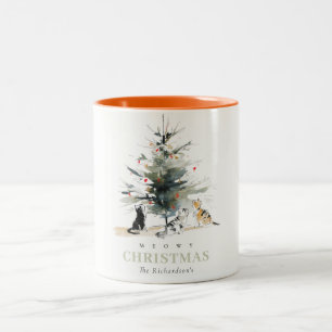 Tasse 2 Couleurs Cute Moderne Aquarelle Meowy Arbre de Noël Chats