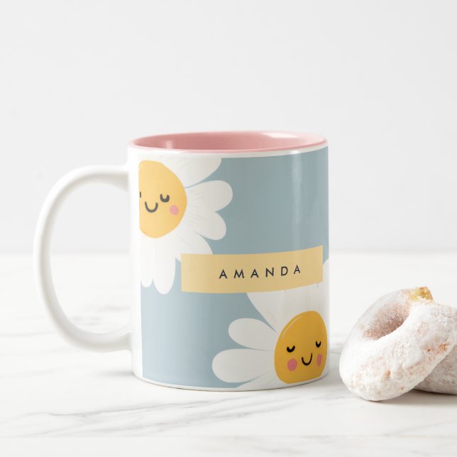 Tasse 2 Couleurs Cute Pastel personnalisé Smiling Daisy (Avec donut)