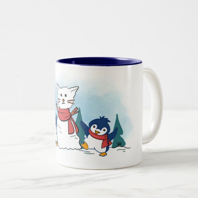 Tasse 2 Couleurs Cute Penguins building a Christmas Snowcat (Devant droit)