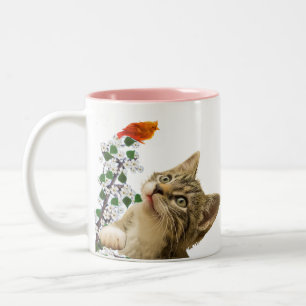 Tasse 2 Couleurs Cute Tabby Chat, Fleurs & Petit Oiseau 