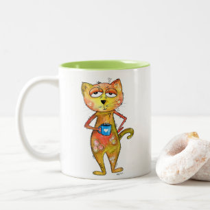 Tasse 2 Couleurs Cute Whimsical Fatigué Chat Boire Café