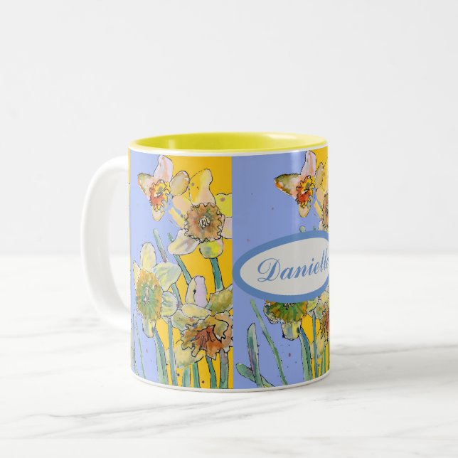 Tasse 2 Couleurs Daffodil Peinture Main Peint Jaune floral Deux- (Devant gauche)