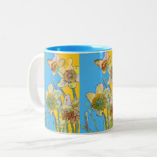 Tasse 2 Couleurs Daffodil Peinture Main Peint Jaune floral Deux-