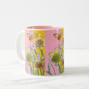 Tasse 2 Couleurs Daffodil Peinture main peint Jaune rose floral