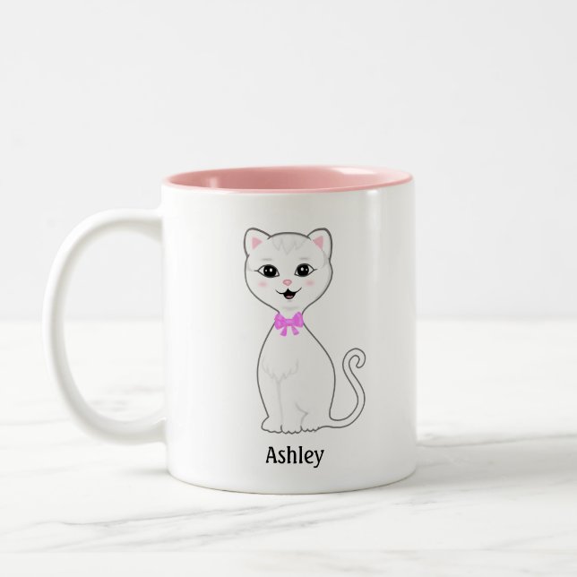 Tasse 2 Couleurs Dessin animé de chat blanc mignon personnalisé (Gauche)