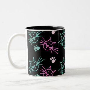 Tasse 2 Couleurs Dessin de chat mignon rose sarcelle noir 