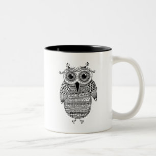 Tasse 2 Couleurs Dessin ethnique d'encre de hibou