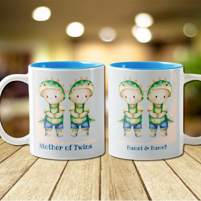 Tasse 2 Couleurs Dino Mère de garçon jumeaux Personnalisé Bleu (Créateur téléchargé)