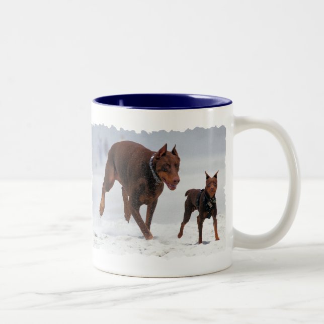 Tasse 2 Couleurs Dobermann et Pin de minute - REGARD ! Un mini je ! (Droit)