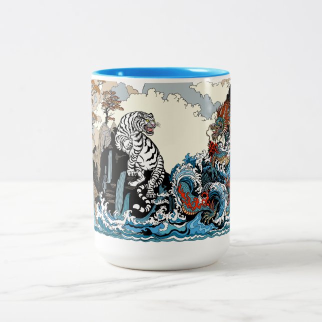 Tasse 2 Couleurs Dragon d'azur et Tigre blanc. Illustration (Centre)