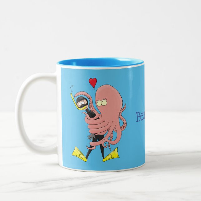 Tasse 2 Couleurs Drôle pieuvre embrasse plongeur dessin animé humou (Gauche)