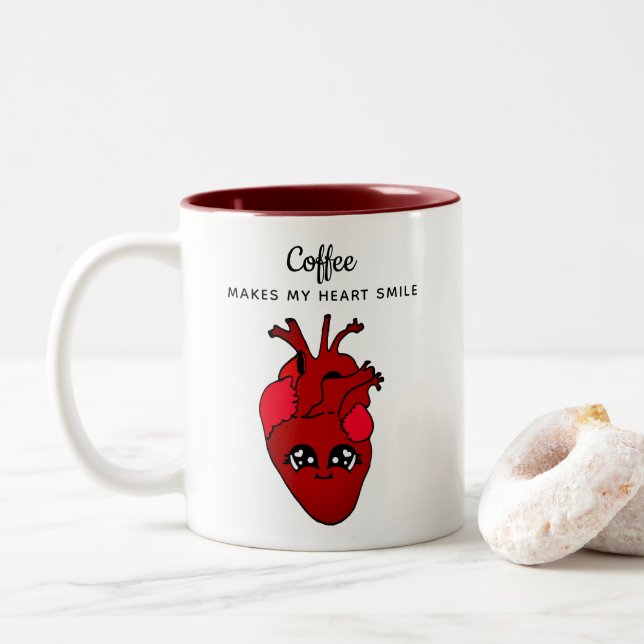 Tasse 2 Couleurs Drôle Rouge Kawaii Coeur Dessin Valentines Jour (Avec donut)