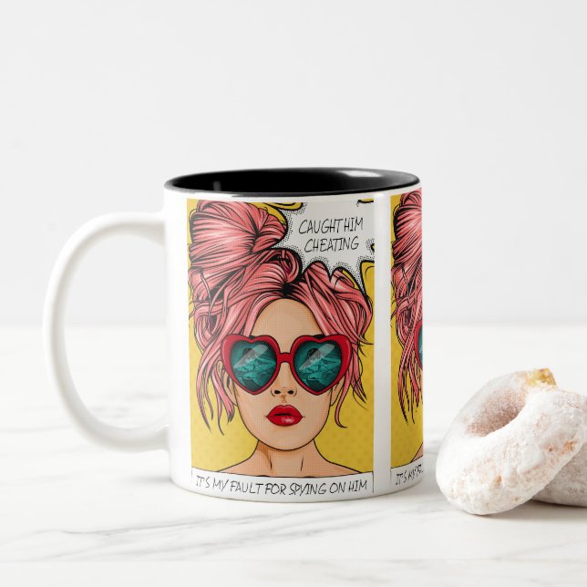 Tasse 2 Couleurs Editable L'A Attrapé Tricher Pop Art (Avec donut)