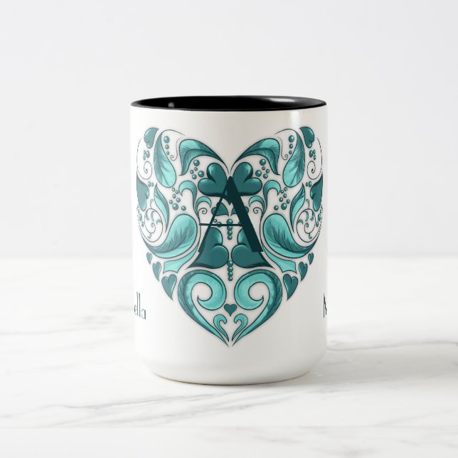 Tasse 2 Couleurs Elégant coeur girly turquoise avec votre texte (Centre)
