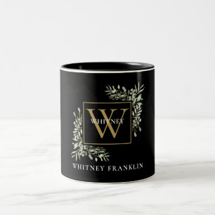 Tasse 2 Couleurs Élégant Monogramme d'or noir Eucalyptus Vert