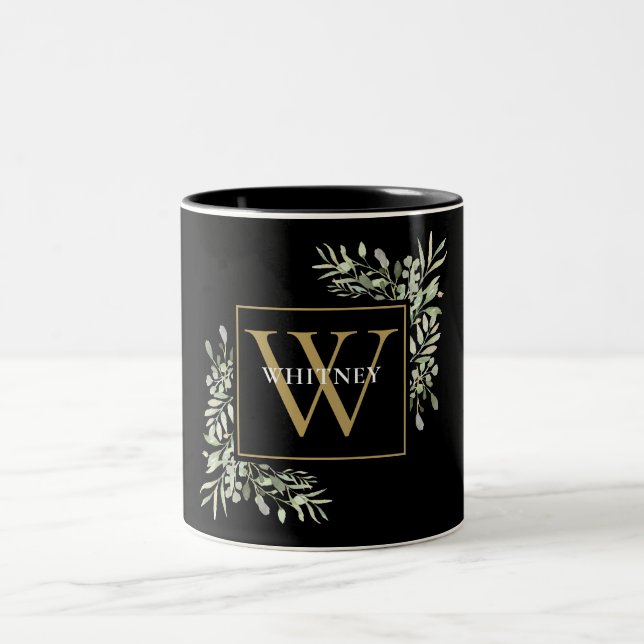 Tasse 2 Couleurs Élégant Noir Monogramme Vert Floral (Centre)