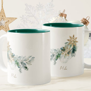 Tasse 2 Couleurs Elégante aquarelle hiver feuillage vert Noël