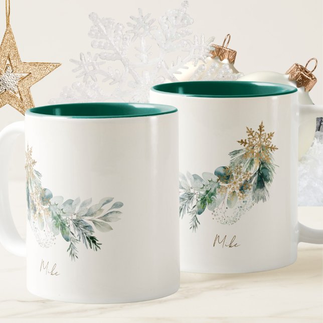 Tasse 2 Couleurs Elégante aquarelle hiver feuillage vert Noël (Créateur téléchargé)