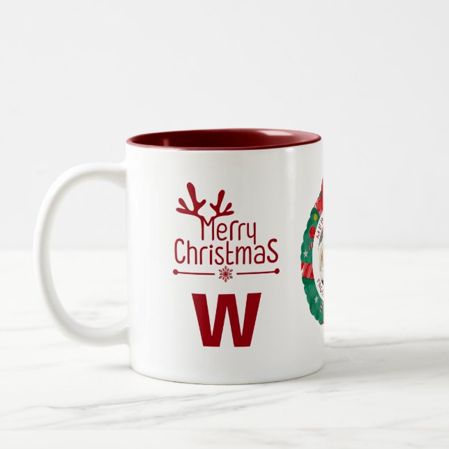Tasse 2 Couleurs Élégante couronne de Noël Photo Famille Monogramme (Gauche)