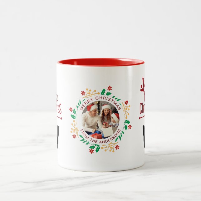 Tasse 2 Couleurs Élégante couronne de Noël Photo Famille Monogramme (Centre)